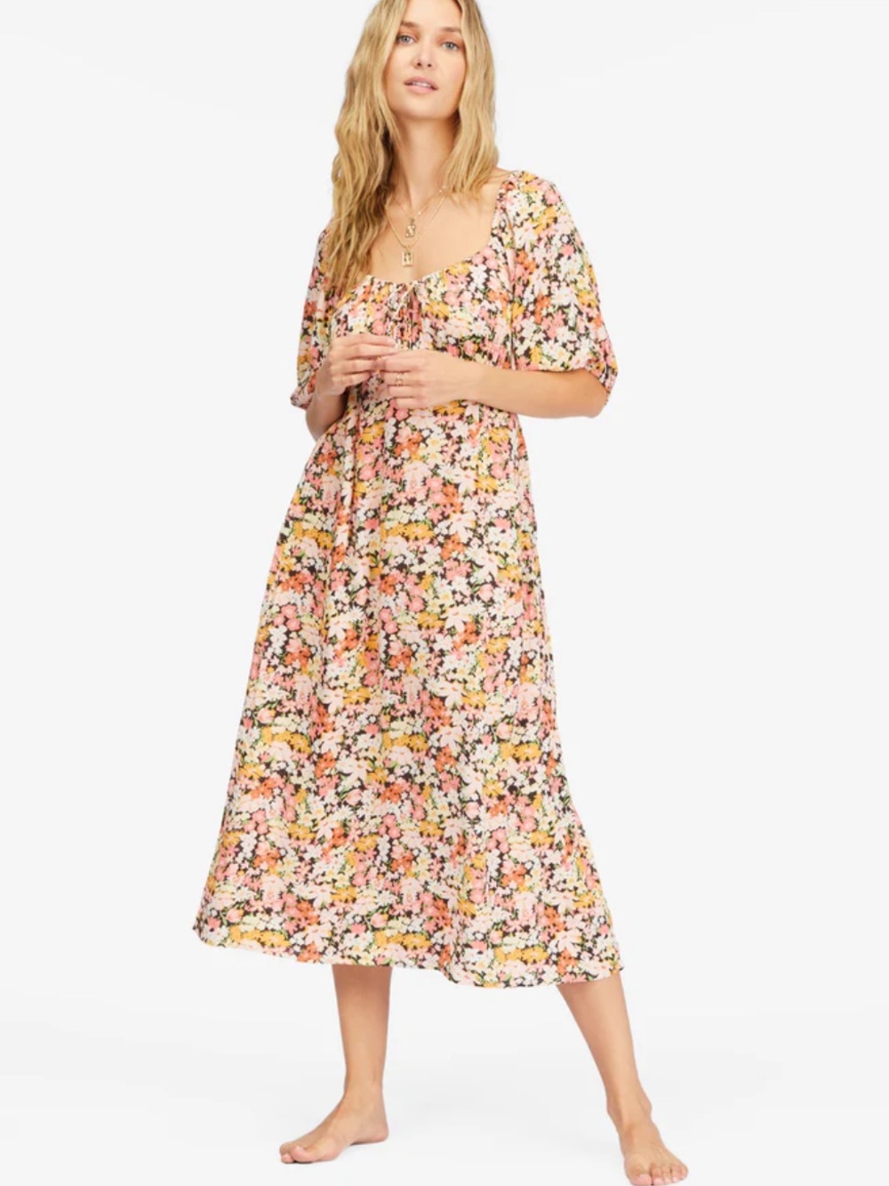 Billabong True Romance Puff Sleeve Floral Midi Dress